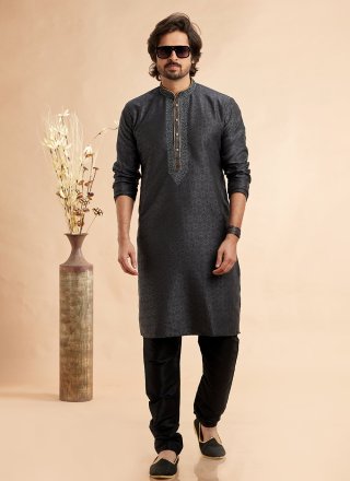Delightful Black Jacquard Silk Kurta Pyjama with Machine Embroidery Work