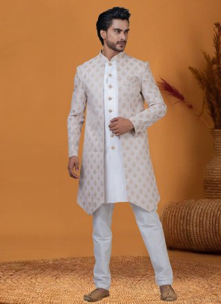 Delightful Cream Jacquard Silk Indo Western with Jacquard Work