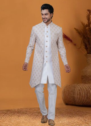 Delightful Cream Jacquard Silk Indo Western with Jacquard Work