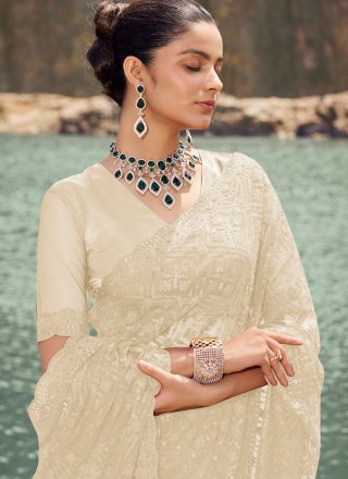 Delightful Cream Net Contemporary Sari