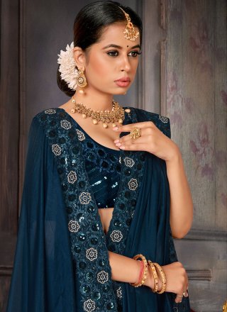 Delightful Turquoise Georgette Classic Sari with Embroidered and Sequins Work
