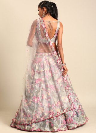 Delightsome Grey Net A - Line Lehenga Choli with Cord, Embroidered, Sequins and Thread Work