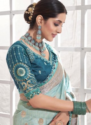 Demure Teal Art Silk Designer Sari with Embroidered and Weaving Work