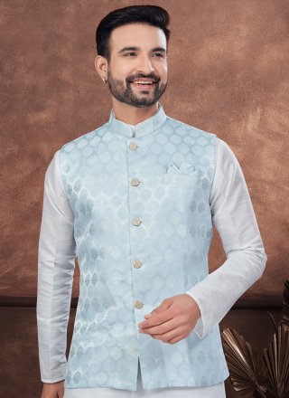 Deserving Aqua Blue and Off White Dupion Silk Kurta Payjama with Jacket