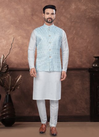 Deserving Aqua Blue and Off White Dupion Silk Kurta Payjama with Jacket