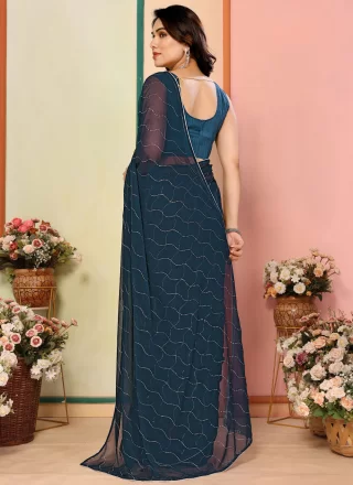 Deserving Blue and Teal Georgette Trendy Saree