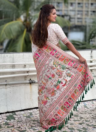 Deserving White Pashmina Contemporary Saree with Kashmiri, Meenakari and Woven Work
