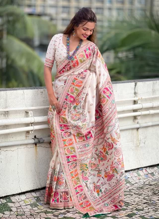 Deserving White Pashmina Contemporary Saree with Kashmiri, Meenakari and Woven Work