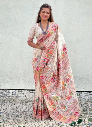 Deserving White Pashmina Contemporary Saree with Kashmiri, Meenakari and Woven Work