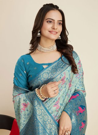 Desirable Aqua Blue Banarasi Silk Designer