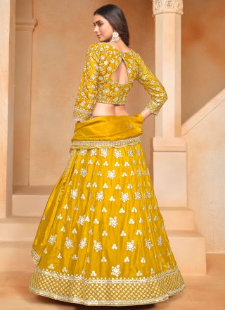 Desirable Yellow Organza Lehenga Choli with Embroidered, Sequins and Thread Work