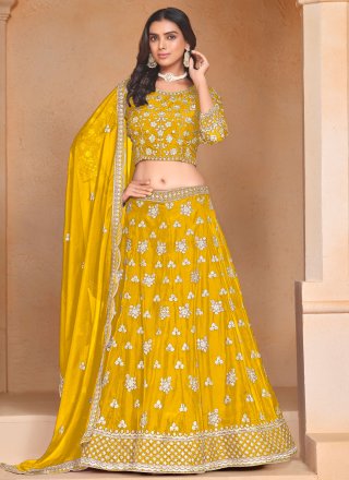 Desirable Yellow Organza Lehenga Choli with Embroidered, Sequins and Thread Work