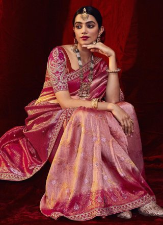 Diamond and Embroidered Work Art Silk Traditional Saree In Magenta and Pink for Festival