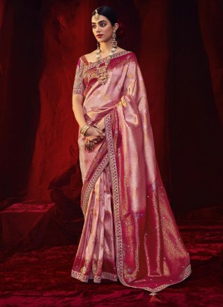 Lovely Light Pink Embroidered Georgette Saree With Dark Pink