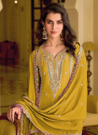 Diamond and Embroidered Work Chinon Pant Style Suit In Mustard