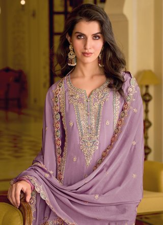Diamond and Embroidered Work Chinon Readymade Salwar Suit In Purple