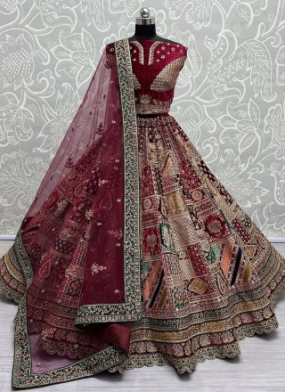 Diamond, Dori, Embroidered, Patch Border, Sequins and Zari Work Velvet A - Line Lehenga Choli In Maroon for Bridal