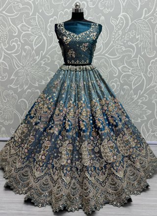 Diamond, Dori, Embroidered, Sequins and Thread Work Velvet Lehenga Choli In Firozi