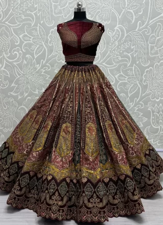 Diamond, Dori, Embroidered, Sequins, Thread and Velvet Patch Work Brocade Lehenga Choli In Mustard for Bridal