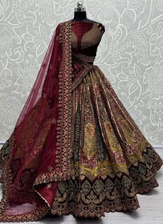 Diamond, Dori, Embroidered, Sequins, Thread and Velvet Patch Work Brocade Lehenga Choli In Mustard for Bridal