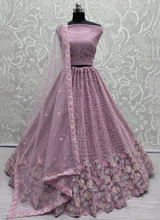 Diamond, Dori, Embroidered, Sequins, Thread and Zari Work Net Lehenga Choli In Purple