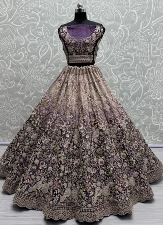 Diamond, Dori, Embroidered, Sequins, Thread and Zari Work Velvet A - Line Lehenga Choli In Purple for Bridal
