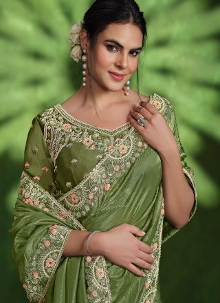 Diamond, Embroidered and Sequins Work Silk Designer Sari In Green for Ceremonial