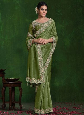 Diamond, Embroidered and Sequins Work Silk Designer Sari In Green for Ceremonial