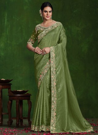 Diamond, Embroidered and Sequins Work Silk Designer Sari In Green for Ceremonial