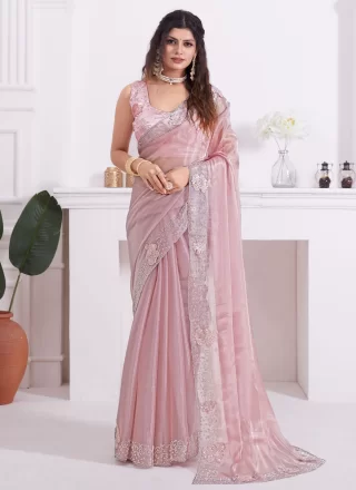 Diamond, Embroidered, Patch Border, Sequins and Zircon Work Organza Trendy Saree In Pink