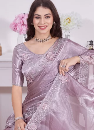 Diamond, Embroidered, Patch Border, Sequins and Zircon Work Organza Trendy Saree In Purple for Ceremonial