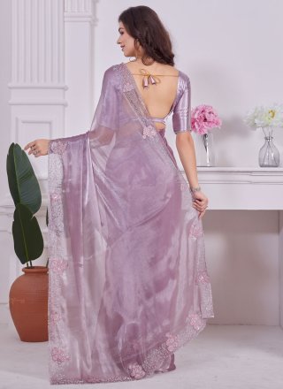 Diamond, Embroidered, Patch Border, Sequins and Zircon Work Organza Trendy Saree In Purple for Ceremonial