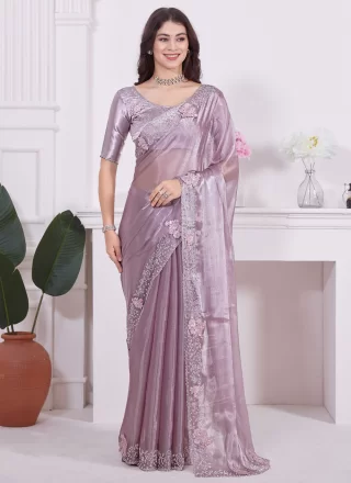 Diamond, Embroidered, Patch Border, Sequins and Zircon Work Organza Trendy Saree In Purple for Ceremonial