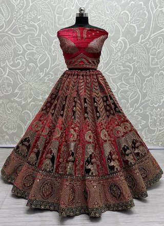 Diamond, Embroidered, Sequins and Thread Work Velvet Lehenga Choli In Red for Bridal