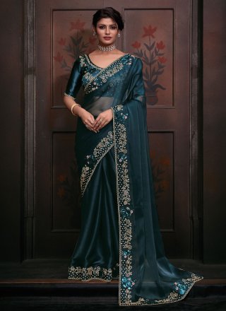 Diamond, Embroidered, Sequins and Zircon Work Satin Trendy Saree In Teal