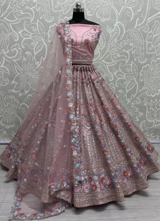 Diamond, Embroidered, Sequins, Thread, Zari and Zircon Work Net A - Line Lehenga Choli In Pink