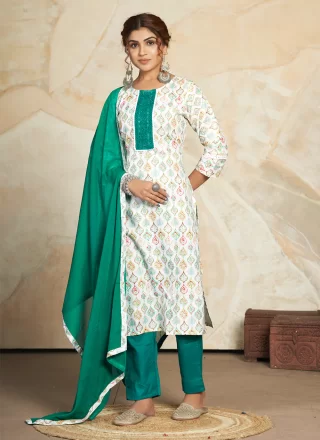 Digital Print and Embroidered Work Blended Cotton Pant Style Suit In Rama and White for Casual