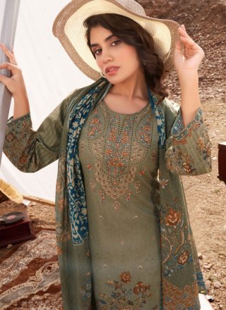 Digital Print and Embroidered Work Cotton Lawn Salwar Suit In Green for Ceremonial