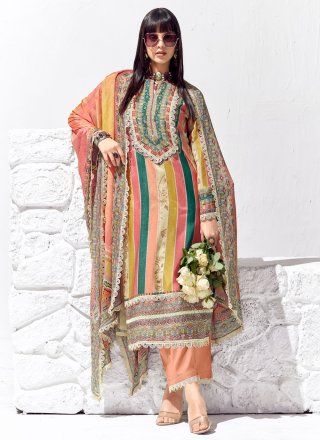 Digital Print and Embroidered Work Cotton Lawn Salwar Suit In Peach