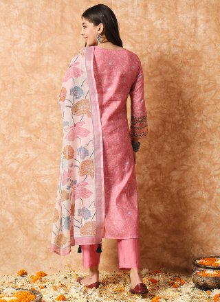 Digital Print and Embroidered Work Cotton Pant Style Suit In Peach