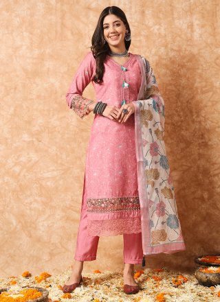 Art Silk Embroidery Pant Style Suit In Dark Peach Colour - SM4452221