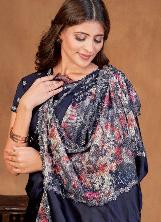 Digital Print and Embroidered Work Crepe Silk Classic Saree In Blue