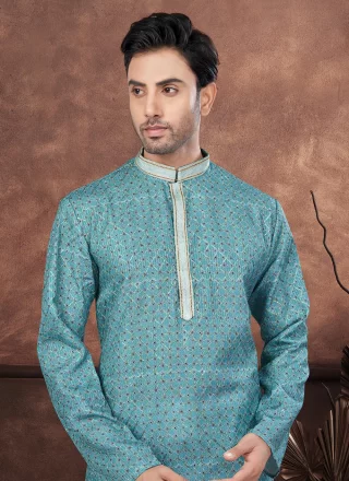 Digital Print and Embroidered Work Jacquard Kurta Mens Wear In Firozi