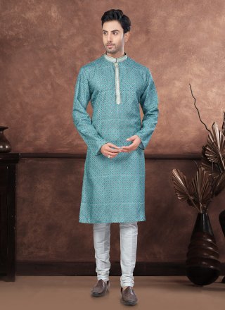 Digital Print and Embroidered Work Jacquard Kurta Mens Wear In Firozi