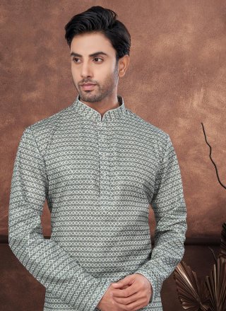 Digital Print and Embroidered Work Jacquard Kurta Mens Wear In Green for Casual