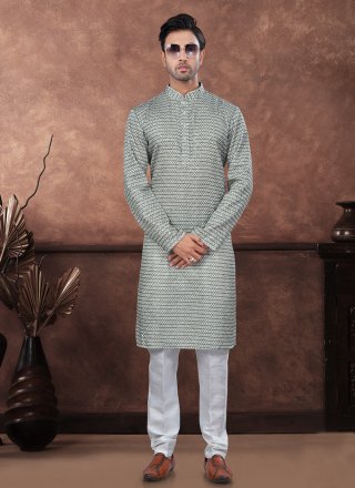 Digital Print and Embroidered Work Jacquard Kurta Mens Wear In Green for Casual