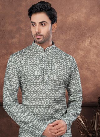 Digital Print and Embroidered Work Jacquard Kurta Pyjama In Green
