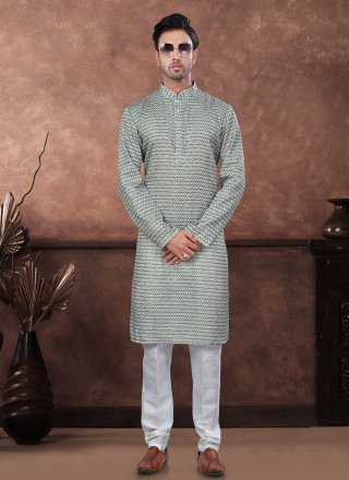 Digital Print and Embroidered Work Jacquard Kurta Pyjama In Green