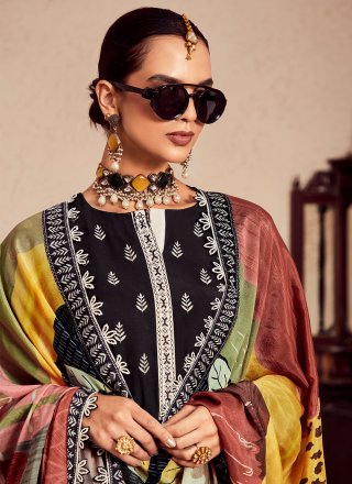 Digital Print and Embroidered Work Muslin Salwar Suit In Black