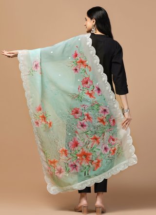 Digital Print and Embroidered Work Organza Dupatta Dupatta In Sea Green for Casual